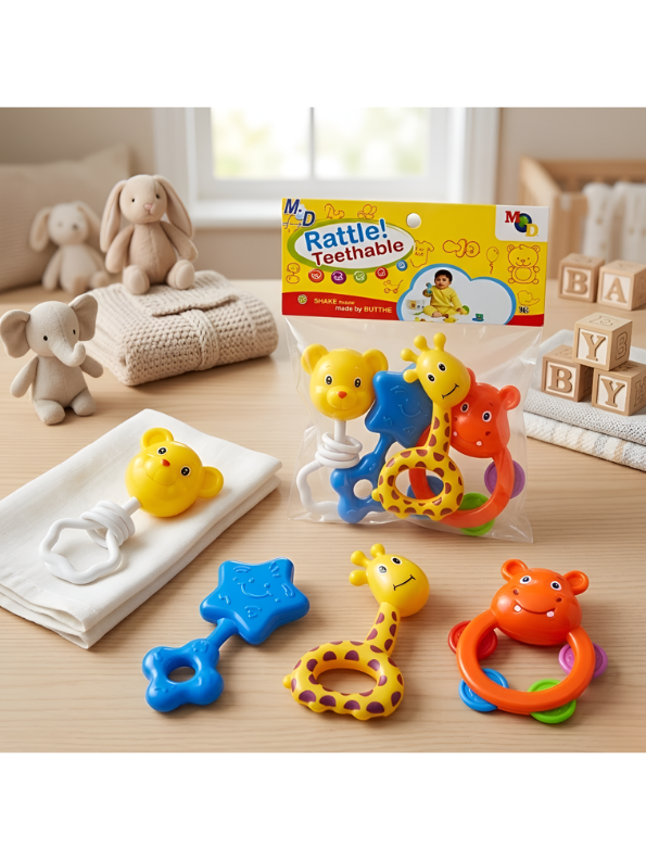 Baby Rattle and Teether Set (5 Pieces) – Colorful Animal Sensory Toys for Infants & Toddlers, BPA-Free, Safe & Developmental Play MD1109