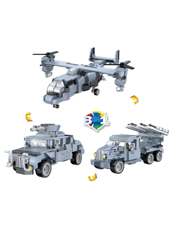 Military 3-in-1 Building Block Set | Osprey Tiltrotor Aircraft, Armored Vehicle, & Missile Truck | STEM Construction Toy for Kids 6+ (324 Pieces) TV6209