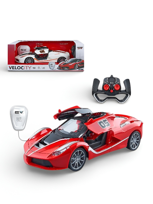 1:14 Scale High-Speed Rechargeable Remote Control Supercar – Electric RC Sports Car with Butterfly Doors, EV Charging Station Model & 2.4GHz Steering Wheel Controller (Red Velocity Series) MD2789