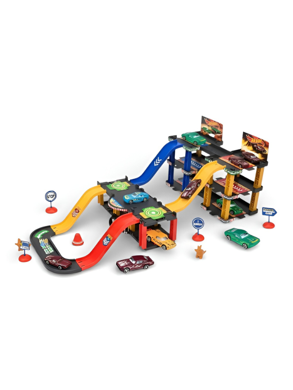 3-Level City Roller Coaster Car Track Playset for Kids – Multilevel Parking Garage Toy with Racing Ramps, Die-Cast Cars & Interactive Street Accessories MD2555