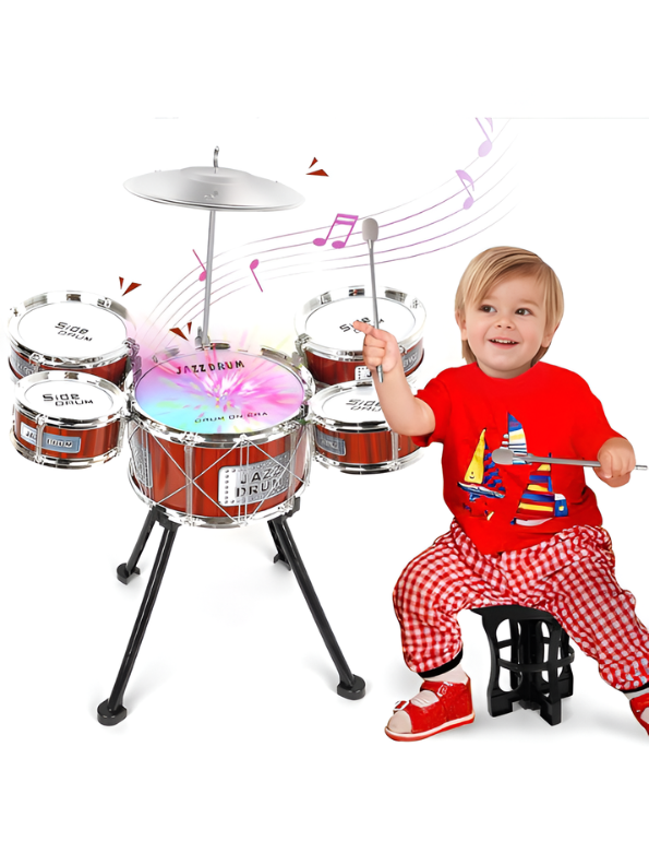 Toy Drum Set with Stool and Cymbal – 5-Piece Upgraded Junior Jazz Drums Musical Instrument for Toddlers & Children, Includes Drumsticks, Sparkling Red TV6033