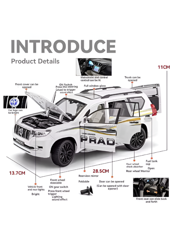 Toyota Land Cruiser Prado Diecast Alloy Model Car – 1:18 Scale Pull Back Toy with Lights & Sound Effects TV6151