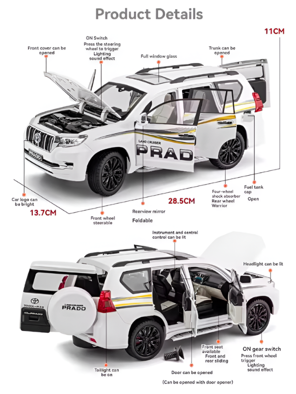 Toyota Land Cruiser Prado Diecast Alloy Model Car – 1:18 Scale Pull Back Toy with Lights & Sound Effects TV6151