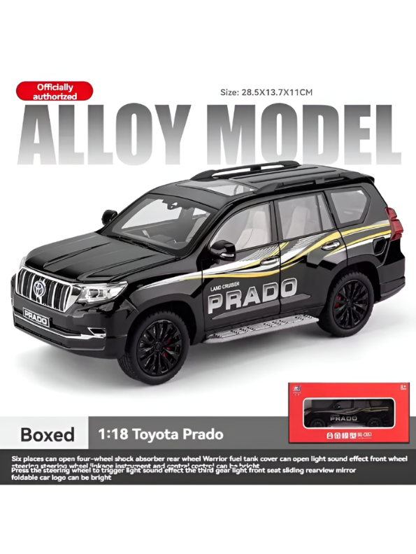 Toyota Land Cruiser Prado Diecast Alloy Model Car – Black 1:18 Scale Pull Back Toy with Lights & Sound Effects TV6151
