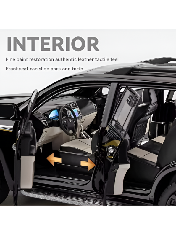 Toyota Land Cruiser Prado Diecast Alloy Model Car – Black 1:18 Scale Pull Back Toy with Lights & Sound Effects TV6151