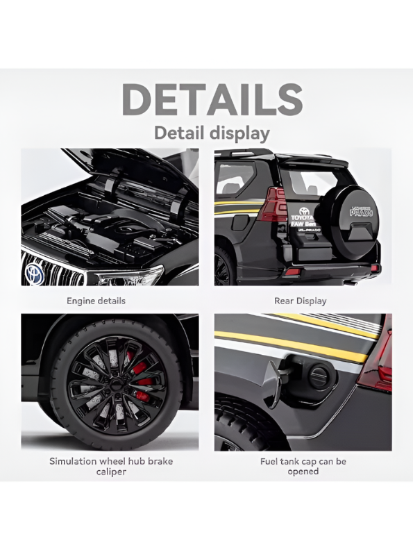 Toyota Land Cruiser Prado Diecast Alloy Model Car – Black 1:18 Scale Pull Back Toy with Lights & Sound Effects TV6151