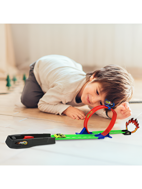 Track Racing 360° Grand Loop Circuit Toy Set with Catapult Launcher & Flame Jump Ring – Diecast Car Racing Track Play Set for Kids Aged 3+ TV1822