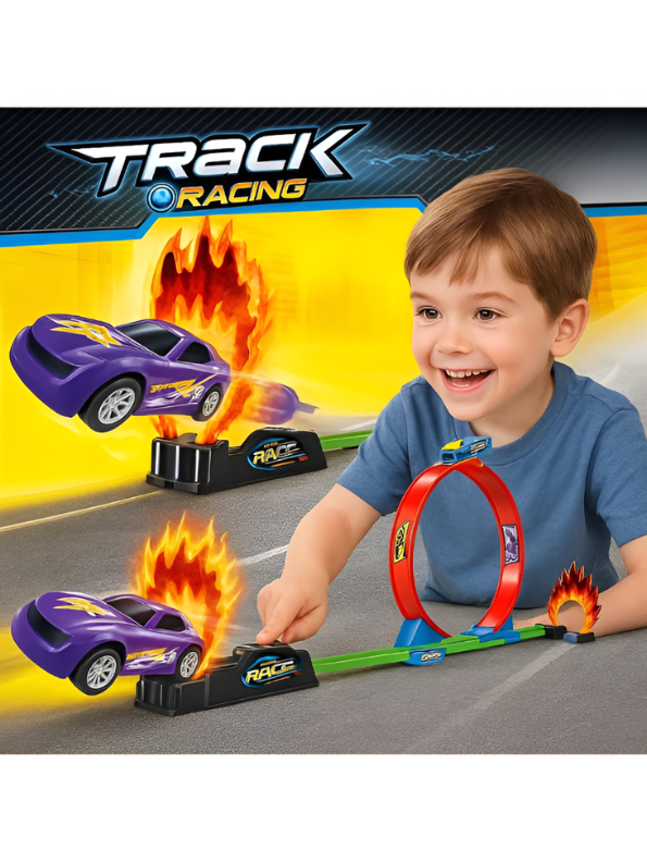 Track Racing 360° Grand Loop Circuit Toy Set with Catapult Launcher & Flame Jump Ring – Diecast Car Racing Track Play Set for Kids Aged 3+ TV1822