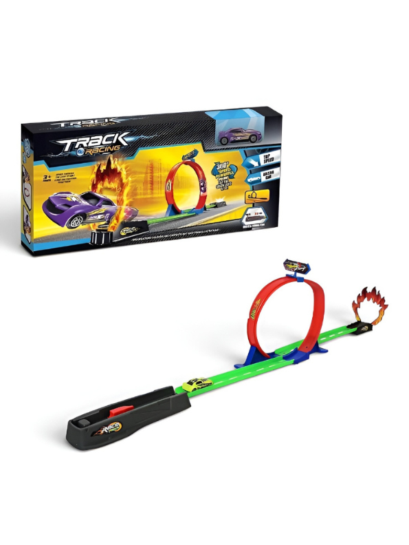 Track Racing 360° Grand Loop Circuit Toy Set with Catapult Launcher & Flame Jump Ring – Diecast Car Racing Track Play Set for Kids Aged 3+ TV1822