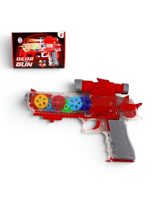Transparent Gear Toy Gun with Flashing LED Lights, Sound Effects & Moving Gears LMI16210.