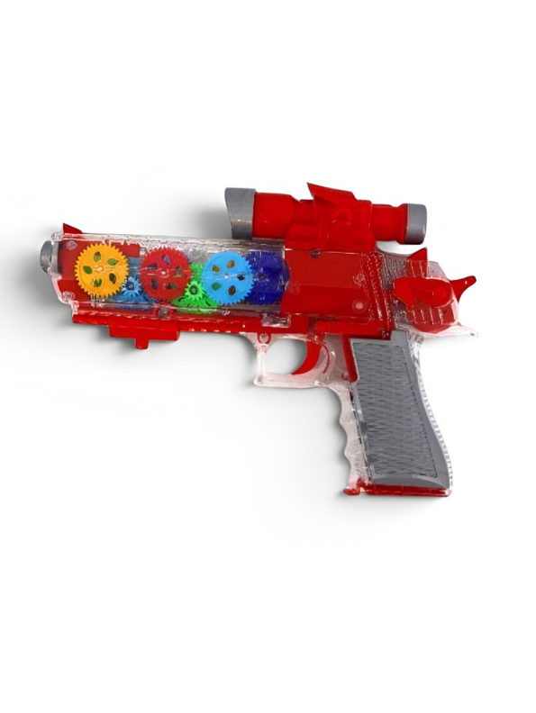 Transparent Gear Toy Gun with Flashing LED Lights, Sound Effects & Moving Gears LMI16210.