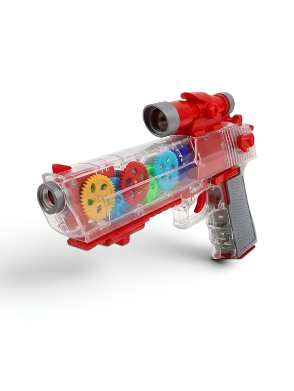 Transparent Gear Toy Gun with Flashing LED Lights, Sound Effects & Moving Gears LMI16210.