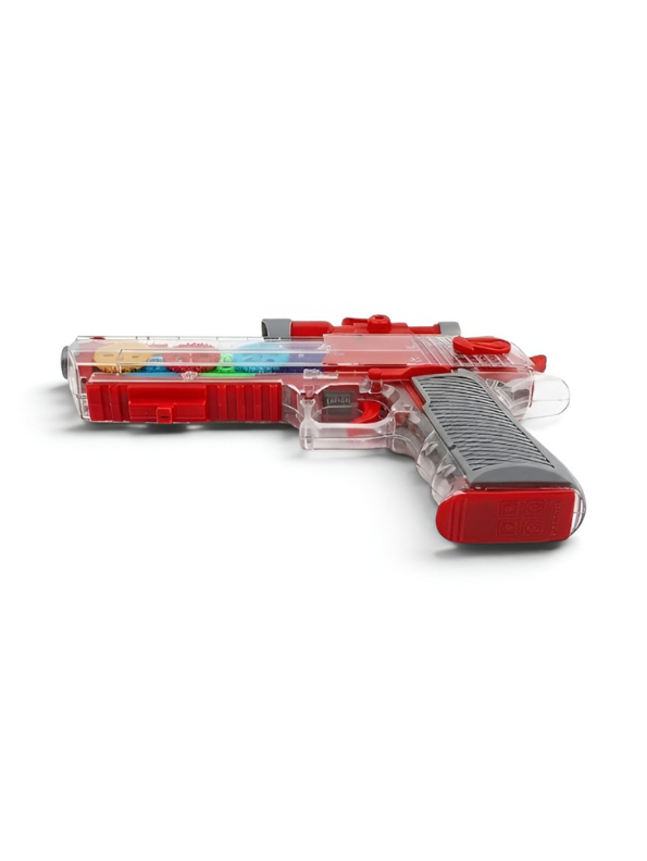 Transparent Gear Toy Gun with Flashing LED Lights, Sound Effects & Moving Gears LMI16210.
