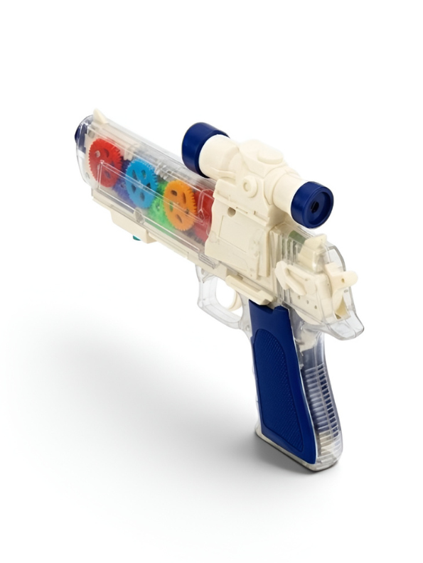 Transparent Gear Toy Gun with Flashing LED Lights, Sound Effects & Moving Gears White LMI16210.
