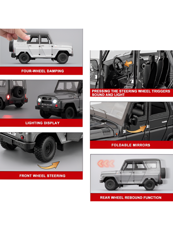 UAZ Hunter Diecast Alloy Metal Model Car SUV – Grey 1:18 Scale Interactive Features with Lights & Sound, Opening Doors & Hood, Black TV6153