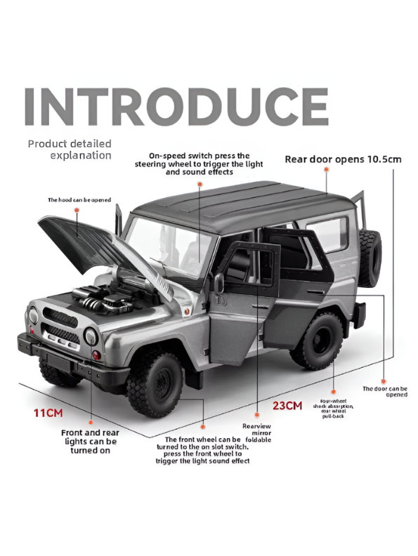 UAZ Hunter Diecast Alloy Metal Model Car SUV – Grey 1:18 Scale Interactive Features with Lights & Sound, Opening Doors & Hood, Black TV6153