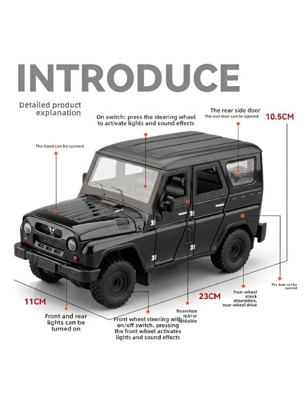 UAZ Hunter Diecast Alloy Metal Model Car SUV – Black 1:18 Scale Interactive Features with Lights & Sound, Opening Doors & Hood, Black TV6153