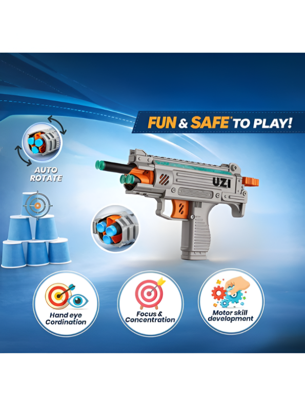 UZI Foam Dart Blaster Gun – Tactical Soft Bullet Shooter Toy with Suction Darts LMI16100