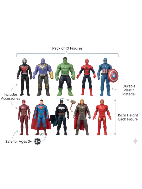 Ultimate 10-Piece Superhero Action Figure Collectible Set (15cm) with Battle Accessories TV510