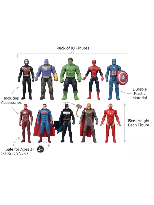 Ultimate 10-Piece Superhero Action Figure Collectible Set (15cm) with Battle Accessories MD96