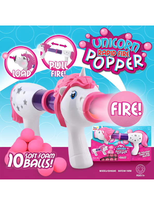 Unicorn Air Powered Rapid Fire Popper Gun Toy with 10 Soft Foam Balls for Kids LMI16918