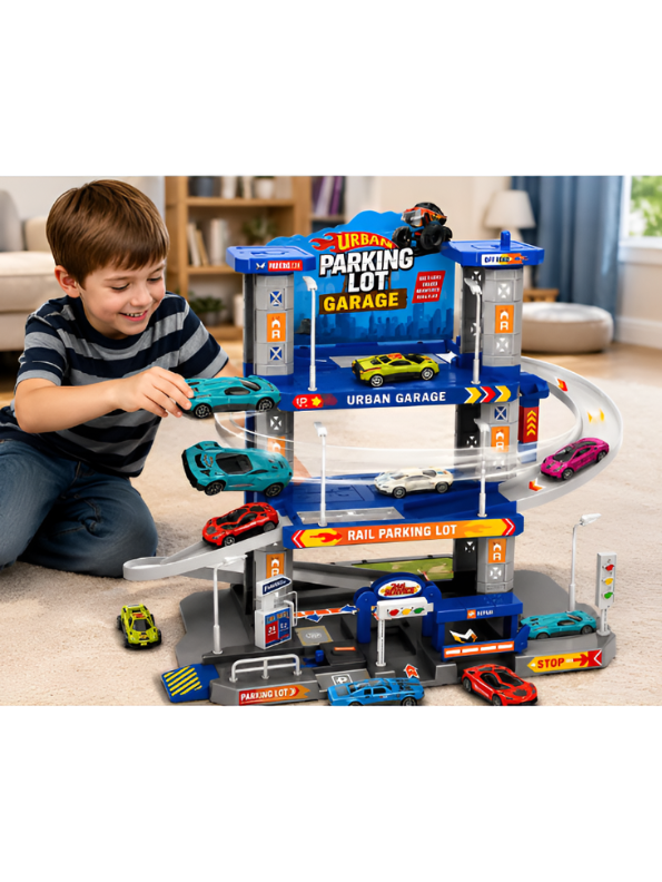 Urban 3-Level Parking Lot Garage Playset – Includes 4 Die-Cast Cars & Track Accessories TV6778