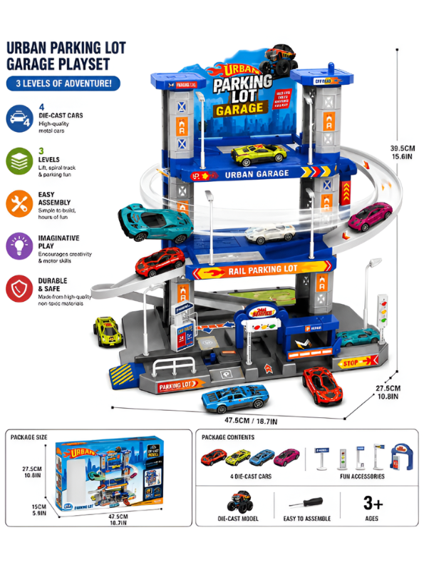 Urban 3-Level Parking Lot Garage Playset – Includes 4 Die-Cast Cars & Track Accessories TV6778