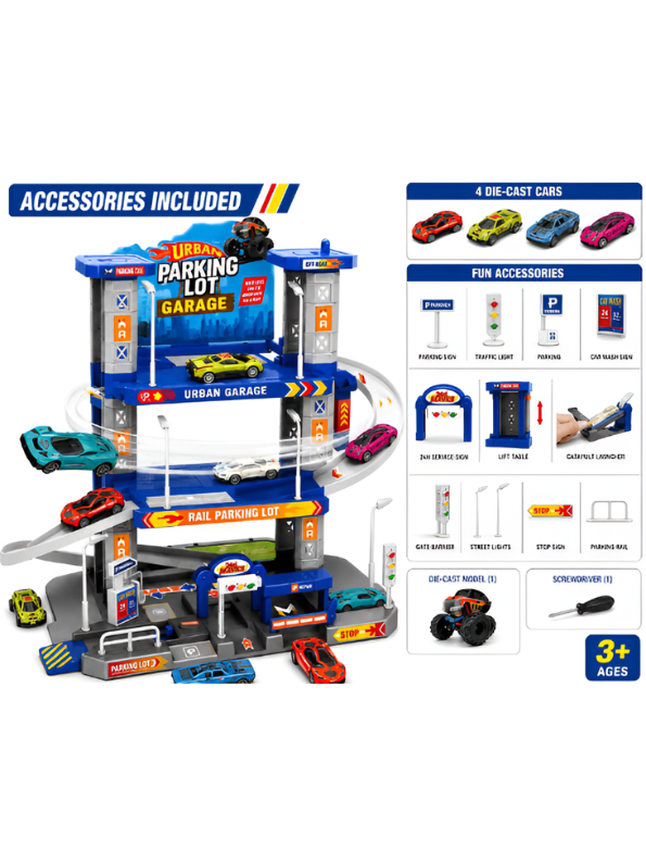 Urban 3-Level Parking Lot Garage Playset – Includes 4 Die-Cast Cars & Track Accessories TV6778