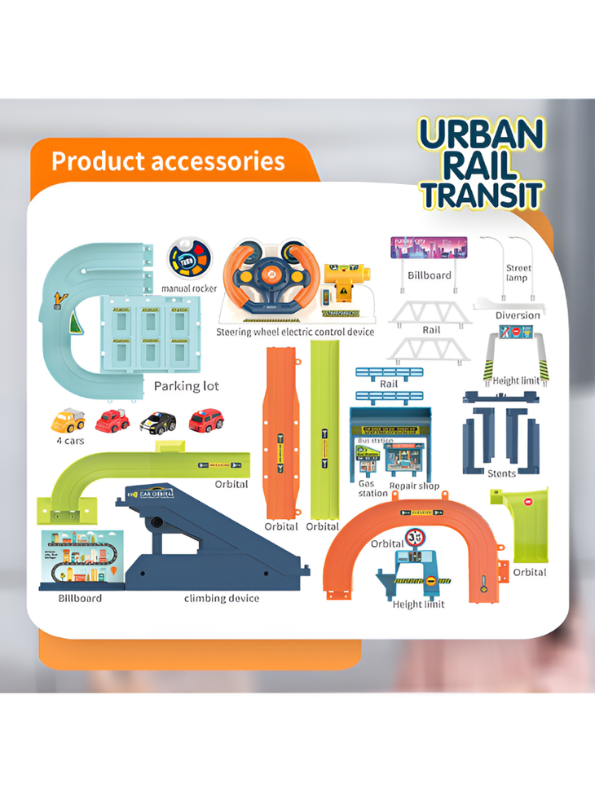 Urban Rail Transit City Track Playset with Steering Wheel & 8 Cars MD652