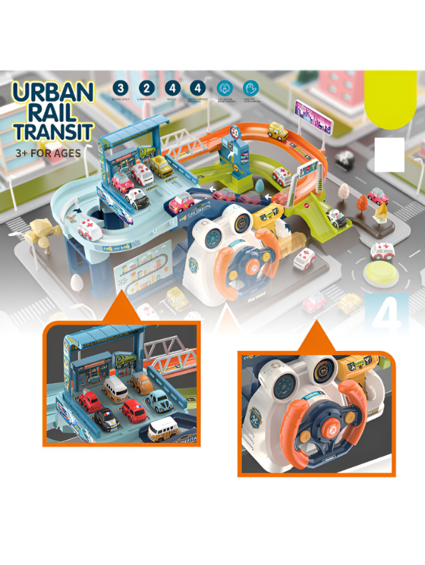 Urban Rail Transit City Track Playset with Steering Wheel & 8 Cars MD652