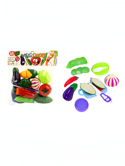 Veg Chop 13-Piece Play Vegetable Set for Toddlers – Cut & Slice Toy Food with Velcro Connectors, Includes Eggplant, Corn, Tomato & Cutting Board, STEM Kitchen Toy LMI9697.