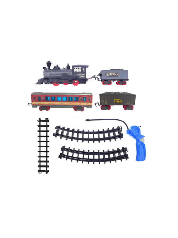Vintage Remote Control Steam Train Set with Tracks – Battery Operated Toy Train with Locomotive Engine, Cargo Car, and 15-Piece Circular Track for Kids LMI16767