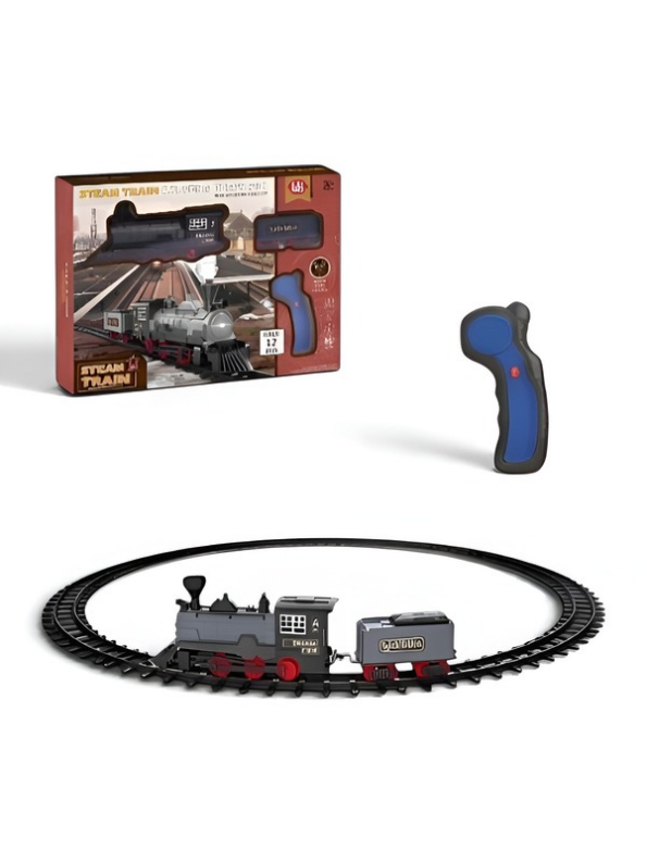 Vintage Remote Control Steam Train Set with Tracks – Battery Operated Toy Train with Locomotive Engine, Cargo Car, and 15-Piece Circular Track for Kids LMI16767