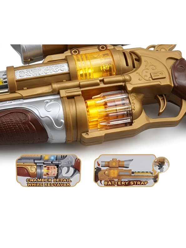 Vintage Steampunk Toy Gun – Gold Retro Electronic Revolver with Lights, Sound & Rotating Barrel TV4554.