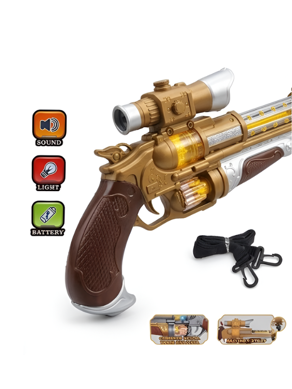 Vintage Steampunk Toy Gun – Gold Retro Electronic Revolver with Lights, Sound & Rotating Barrel TV4554.