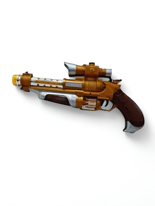 Vintage Steampunk Toy Gun – Gold Retro Electronic Revolver with Lights, Sound & Rotating Barrel TV4554.