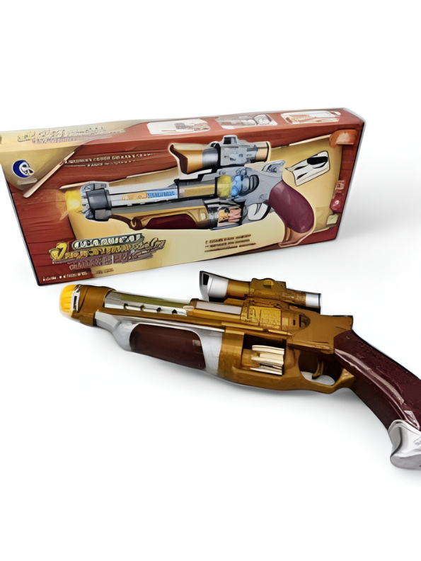 Vintage Steampunk Toy Gun – Gold Retro Electronic Revolver with Lights, Sound & Rotating Barrel TV4554.