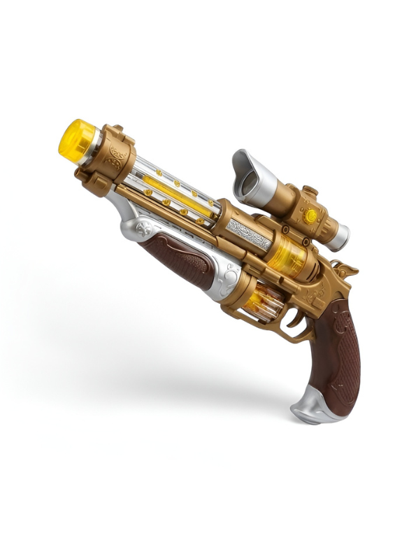 Vintage Steampunk Toy Gun – Gold Retro Electronic Revolver with Lights, Sound & Rotating Barrel TV4554.
