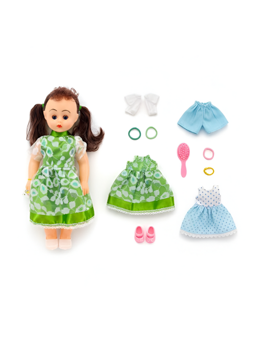 Vintage Style Girl Doll Set with Changeable Outfits and Accessories – Green LMI9443.