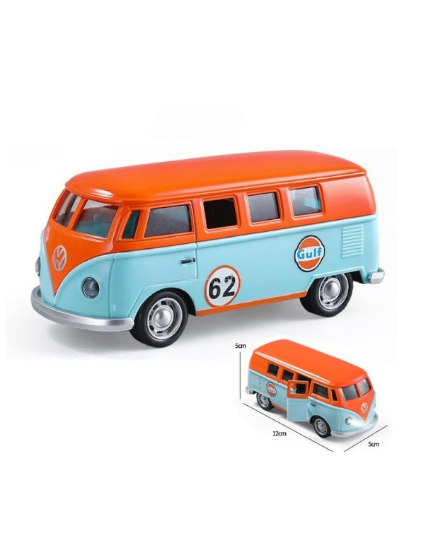 Volkswagen T1 Classic Bus Diecast Metal Toy Car - Gulf Livery - Pull Back Action with Lights & Sound - Scale 1/32.
