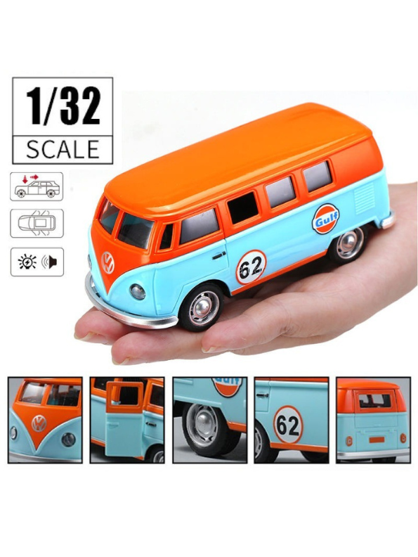 Volkswagen T1 Classic Bus Diecast Metal Toy Car - Gulf Livery - Pull Back Action with Lights & Sound - Scale 1/32.