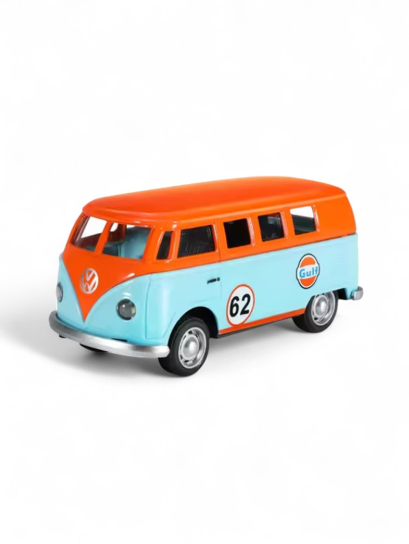 Volkswagen T1 Classic Bus Diecast Metal Toy Car - Gulf Livery - Pull Back Action with Lights & Sound - Scale 1/32.