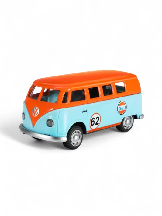 Volkswagen T1 Classic Bus Diecast Metal Toy Car - Gulf Livery - Pull Back Action with Lights & Sound - Scale 1/32.