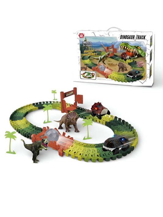 86-Piece Dinosaur Race Track Toy Set for Kids Ages 3+ – Flexible Train Track with Battery-Operated Dino Cars, & Trees | Jurassic Prehistoric Playset LMI10411