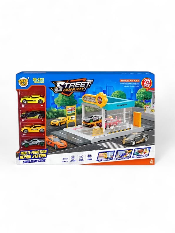 Mini Simulation Gas Station & Parking Lot Toy Set with 4 Alloy Cars – Interactive Repair Station Model for Kids.