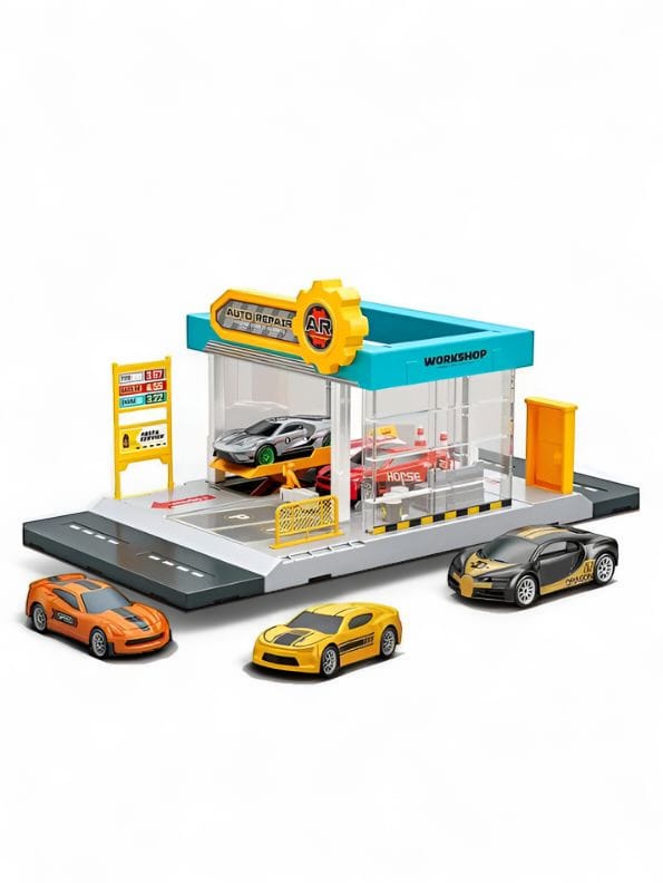 Mini Simulation Gas Station & Parking Lot Toy Set with 4 Alloy Cars – Interactive Repair Station Model for Kids.