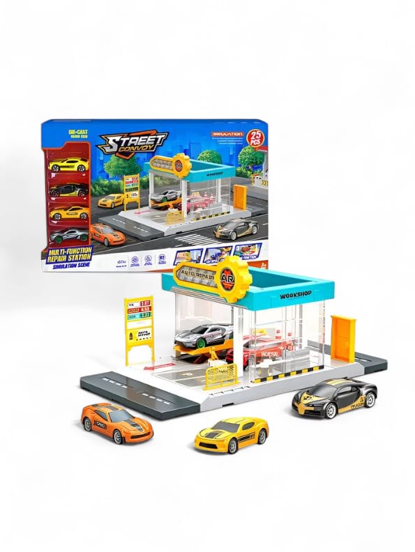 Mini Simulation Gas Station & Parking Lot Toy Set with 4 Alloy Cars – Interactive Repair Station Model for Kids.