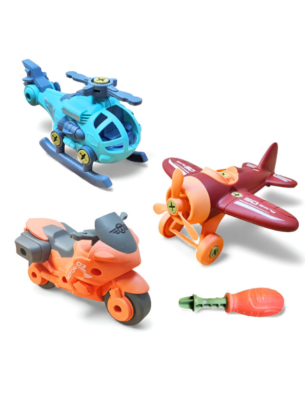 Wheels DIY Assembly Toy Vehicle Set – Helicopter, Airplane & Motorcycle with Screwdriver LMI14896.
