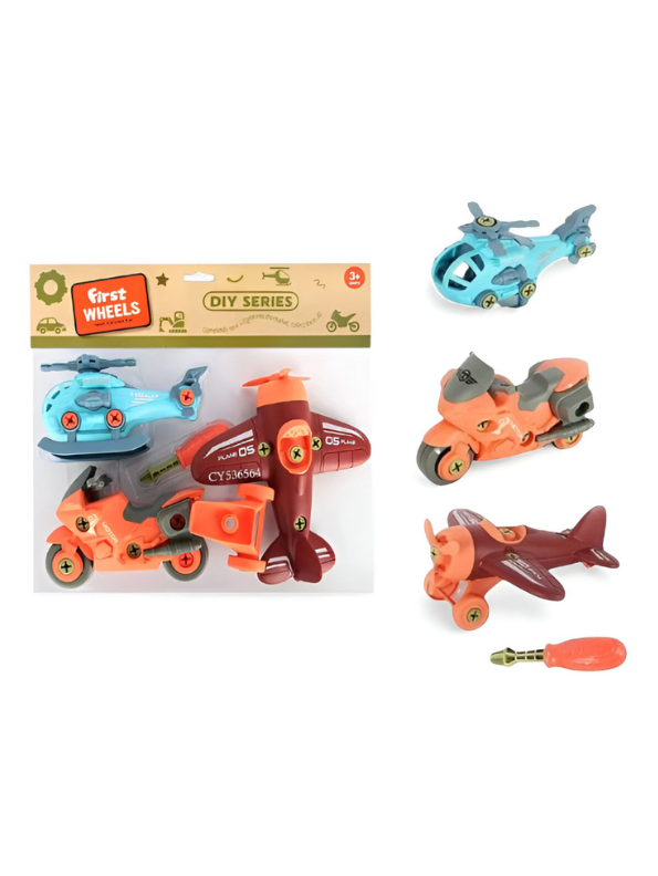 Wheels DIY Assembly Toy Vehicle Set – Helicopter, Airplane & Motorcycle with Screwdriver LMI14896.