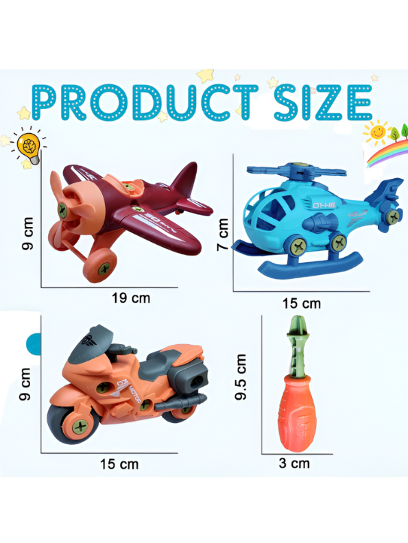 Wheels DIY Assembly Toy Vehicle Set – Helicopter, Airplane & Motorcycle with Screwdriver LMI14896.